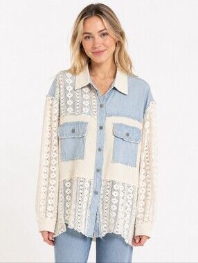 POL Mixed Media Denim Lace Waffle Knit Oversized Shacket Medium NWOT